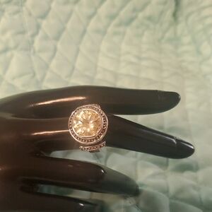 Vintage Anchor Symbol Hallmark Signed Silver Tone,Yellow Crystal Ring, Size 7.